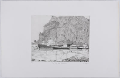 Camille COMBE : Le port de Heimaey, Gravure originale signée
