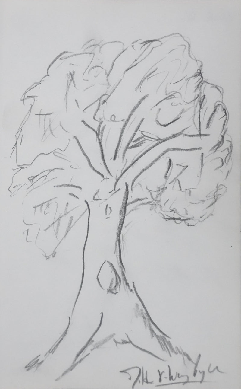 Odette WURZBURGER : Arbre au feuillage gris, Autographe et dessin original signé