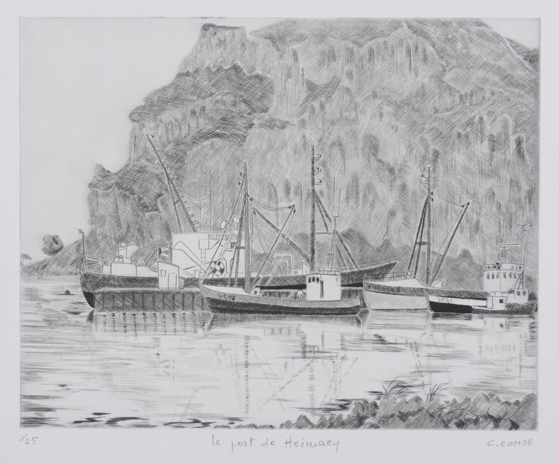 Camille COMBE : Le port de Heimaey, Gravure originale signée