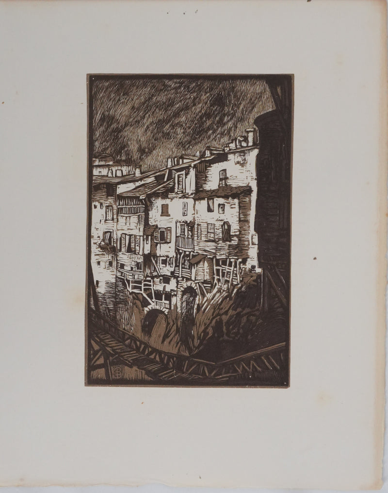 Paul BAUDIER : Vue sur le village de Pont-en-Royan (camaieu), Gravure originale signée