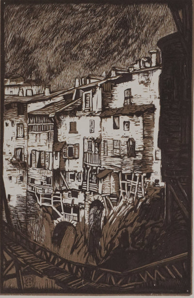 Paul BAUDIER : Vue sur le village de Pont-en-Royan (camaieu), Gravure originale signée