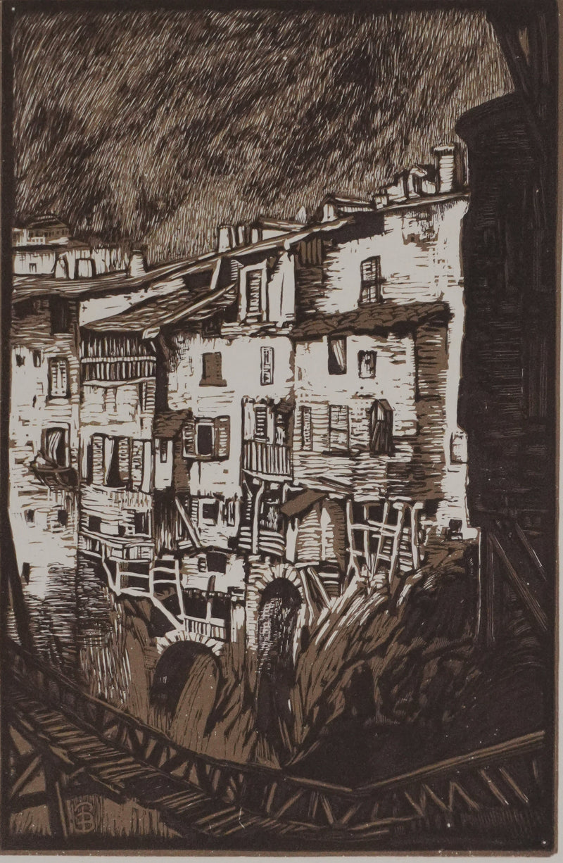 Paul BAUDIER : Vue sur le village de Pont-en-Royan (camaieu), Gravure originale signée