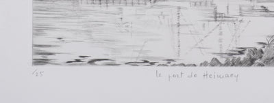 Camille COMBE : Le port de Heimaey, Gravure originale signée