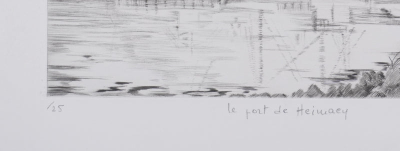 Camille COMBE : Le port de Heimaey, Gravure originale signée