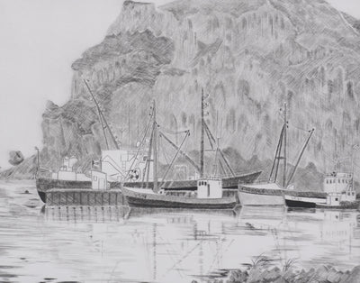 Camille COMBE : Le port de Heimaey, Gravure originale signée