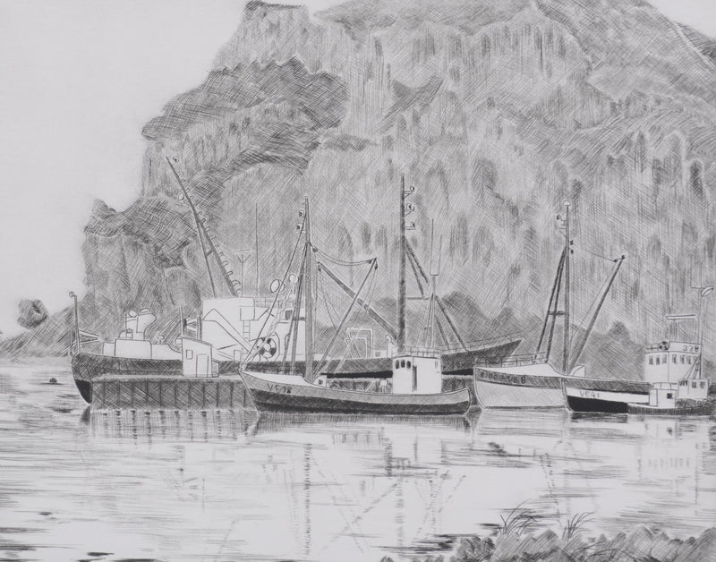 Camille COMBE : Le port de Heimaey, Gravure originale signée