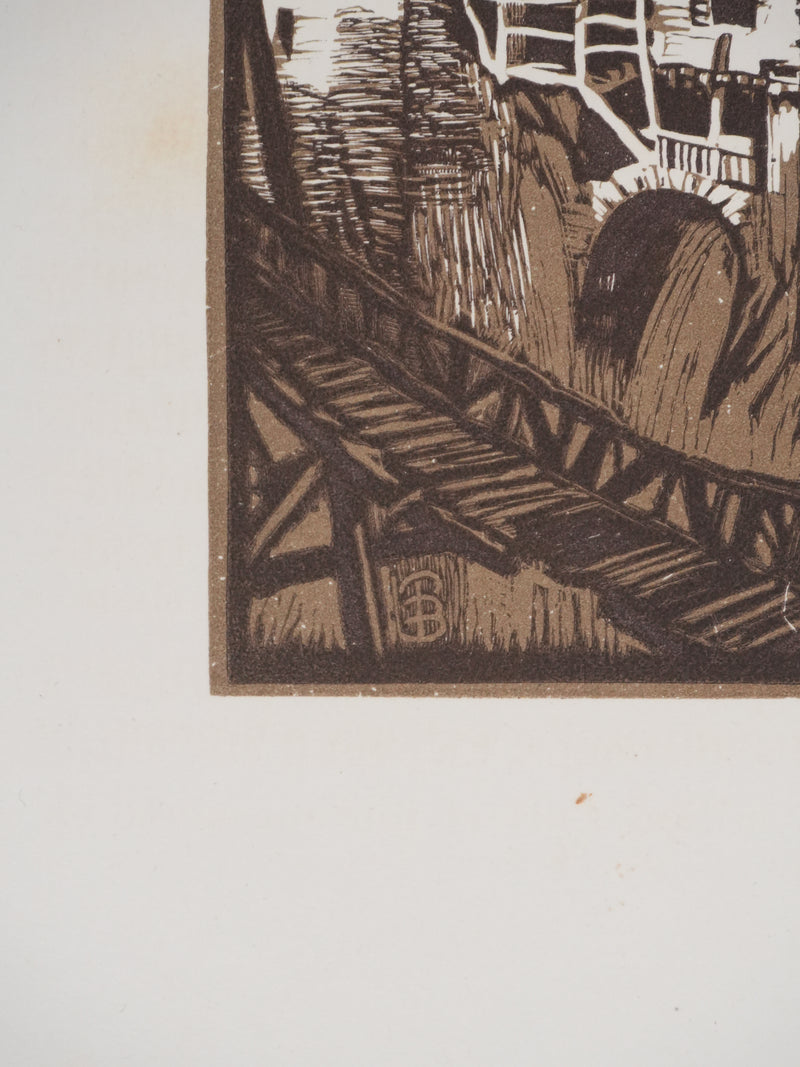 Paul BAUDIER : Vue sur le village de Pont-en-Royan (camaieu), Gravure originale signée