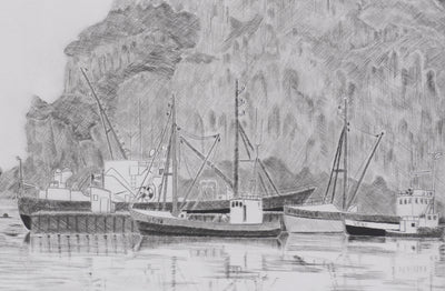 Camille COMBE : Le port de Heimaey, Gravure originale signée