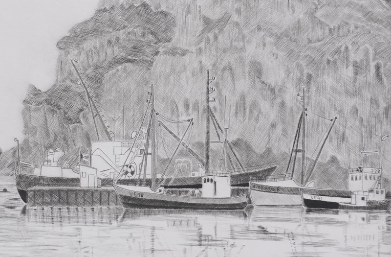 Camille COMBE : Le port de Heimaey, Gravure originale signée