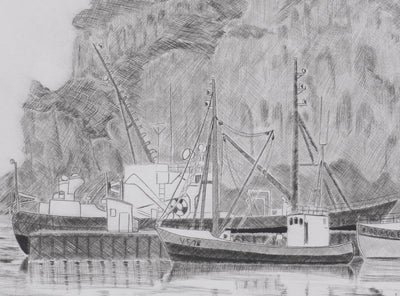 Camille COMBE : Le port de Heimaey, Gravure originale signée