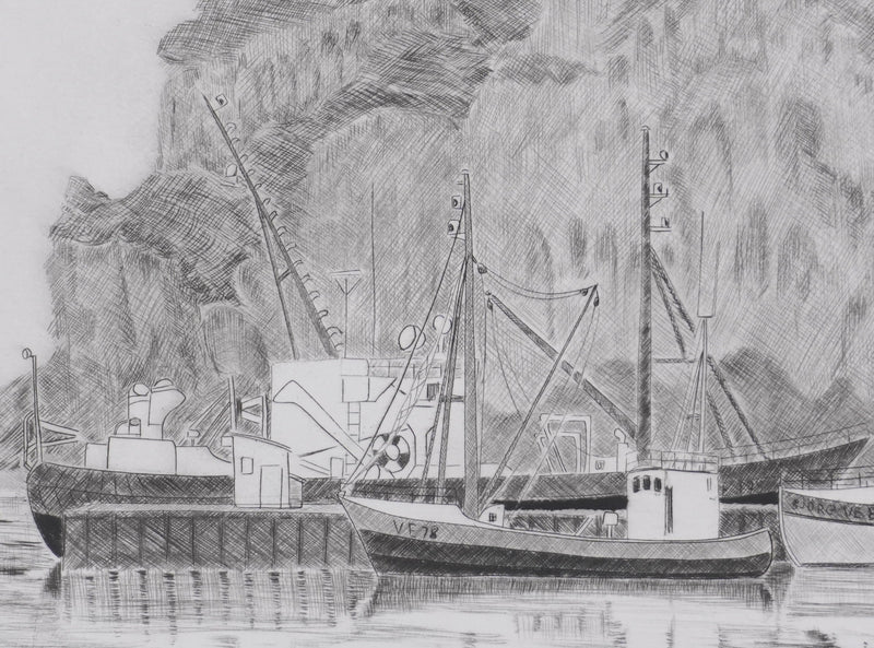 Camille COMBE : Le port de Heimaey, Gravure originale signée