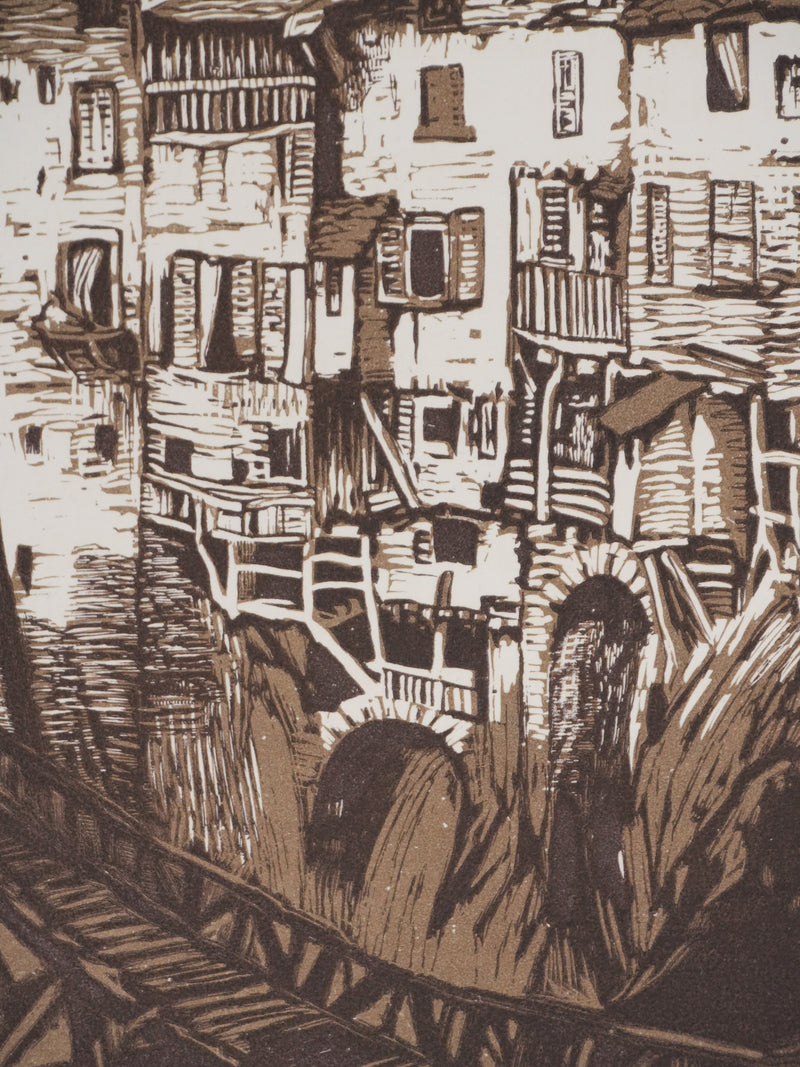 Paul BAUDIER : Vue sur le village de Pont-en-Royan (camaieu), Gravure originale signée