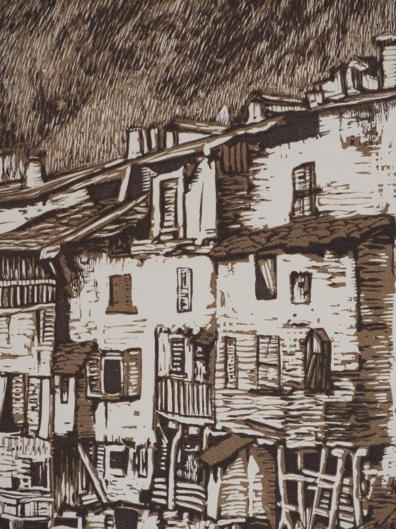 Paul BAUDIER : Vue sur le village de Pont-en-Royan (camaieu), Gravure originale signée