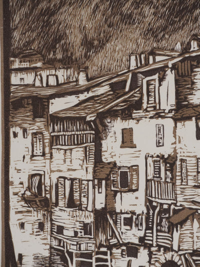 Paul BAUDIER : Vue sur le village de Pont-en-Royan (camaieu), Gravure originale signée