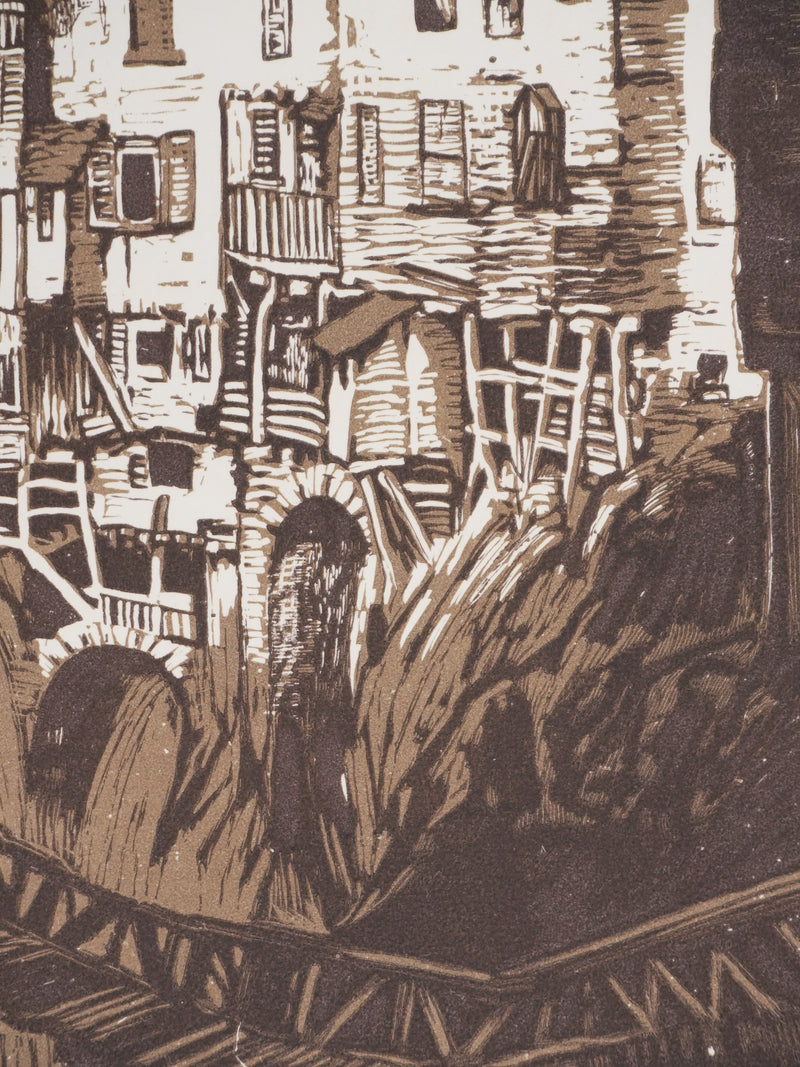 Paul BAUDIER : Vue sur le village de Pont-en-Royan (camaieu), Gravure originale signée