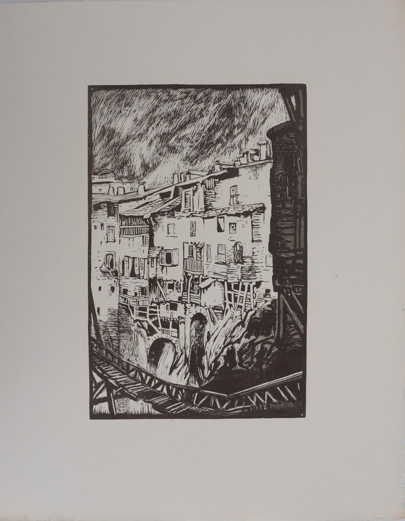 Paul BAUDIER : Vue sur le village de Pont-en-Royan, Gravure originale signée