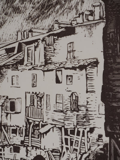 Paul BAUDIER : Vue sur le village de Pont-en-Royan, Gravure originale signée