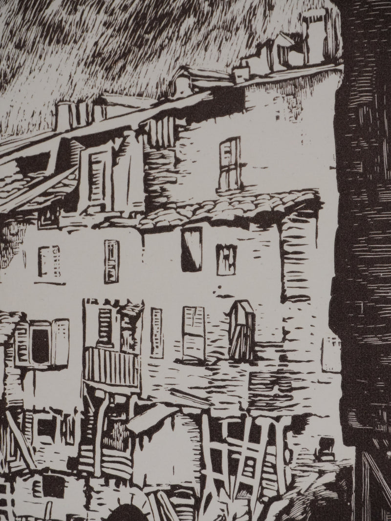 Paul BAUDIER : Vue sur le village de Pont-en-Royan, Gravure originale signée