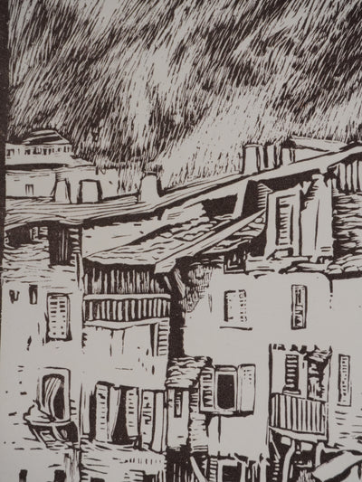 Paul BAUDIER : Vue sur le village de Pont-en-Royan, Gravure originale signée