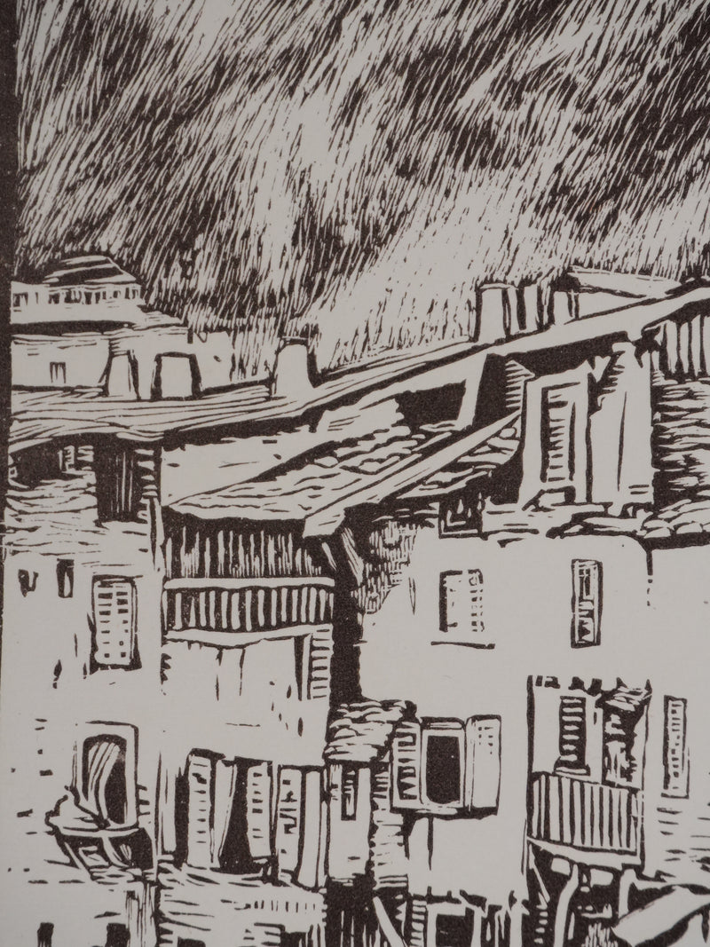 Paul BAUDIER : Vue sur le village de Pont-en-Royan, Gravure originale signée