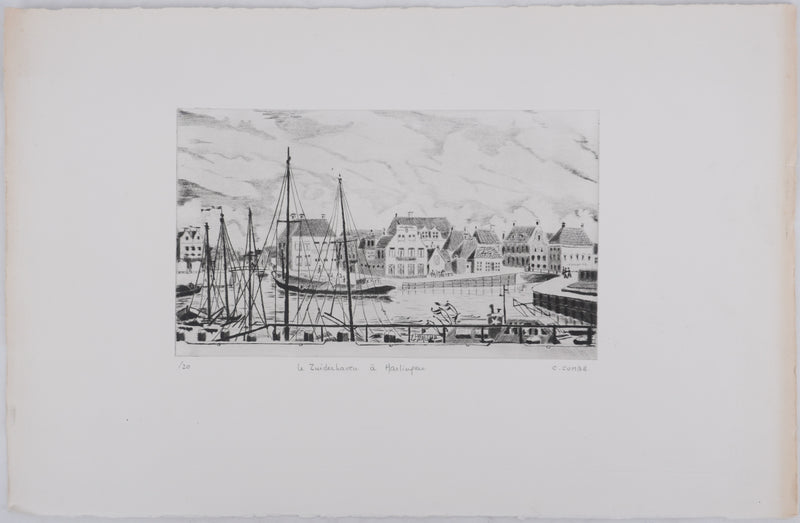 Camille COMBE : Le Zuiderhaven à Harlingen, Gravure originale signée