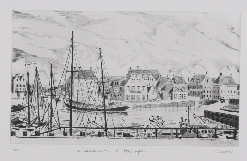 Camille COMBE : Le Zuiderhaven à Harlingen, Gravure originale signée