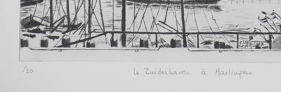 Camille COMBE : Le Zuiderhaven à Harlingen, Gravure originale signée