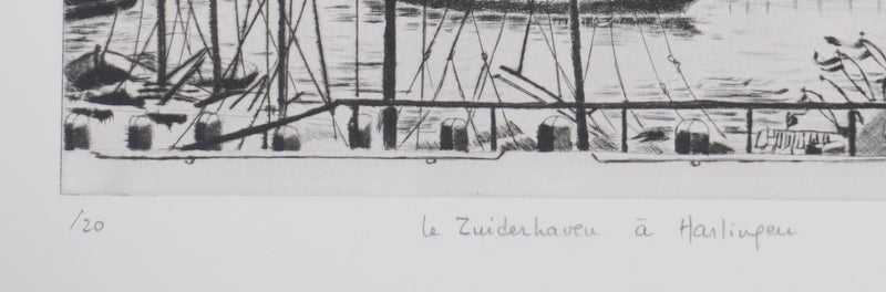 Camille COMBE : Le Zuiderhaven à Harlingen, Gravure originale signée