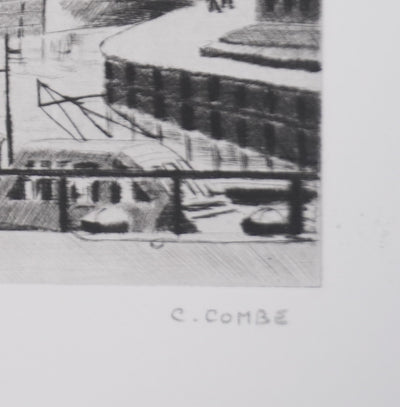 Camille COMBE : Le Zuiderhaven à Harlingen, Gravure originale signée