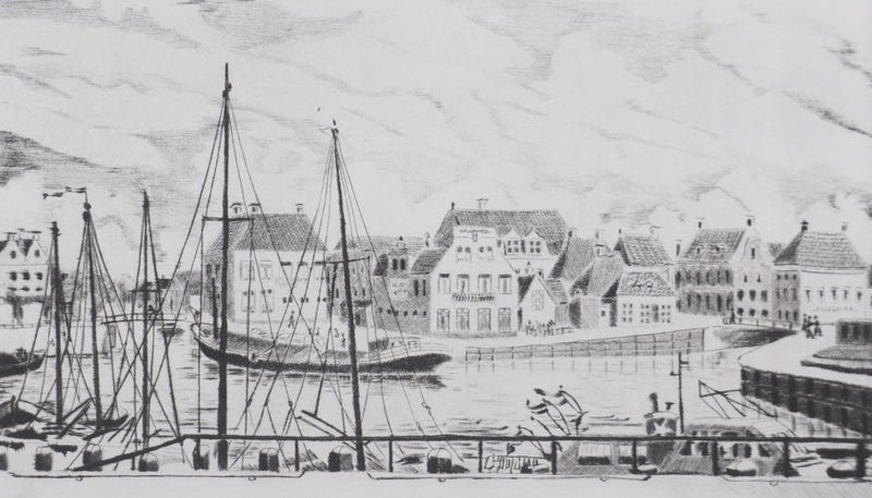 Camille COMBE : Le Zuiderhaven à Harlingen, Gravure originale signée