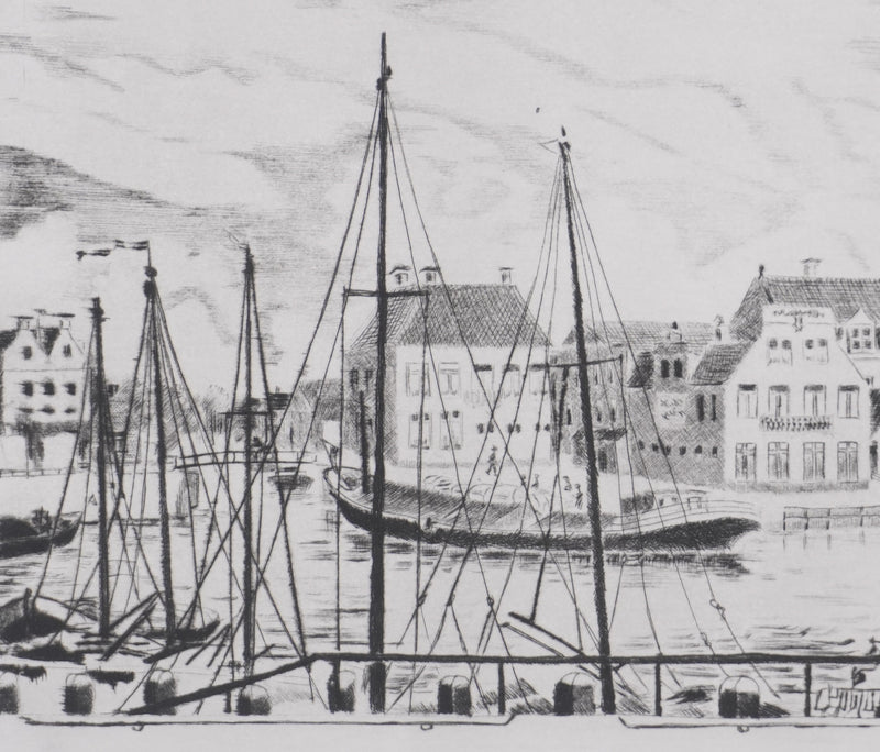 Camille COMBE : Le Zuiderhaven à Harlingen, Gravure originale signée