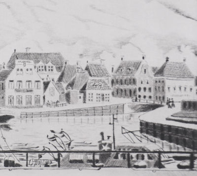 Camille COMBE : Le Zuiderhaven à Harlingen, Gravure originale signée