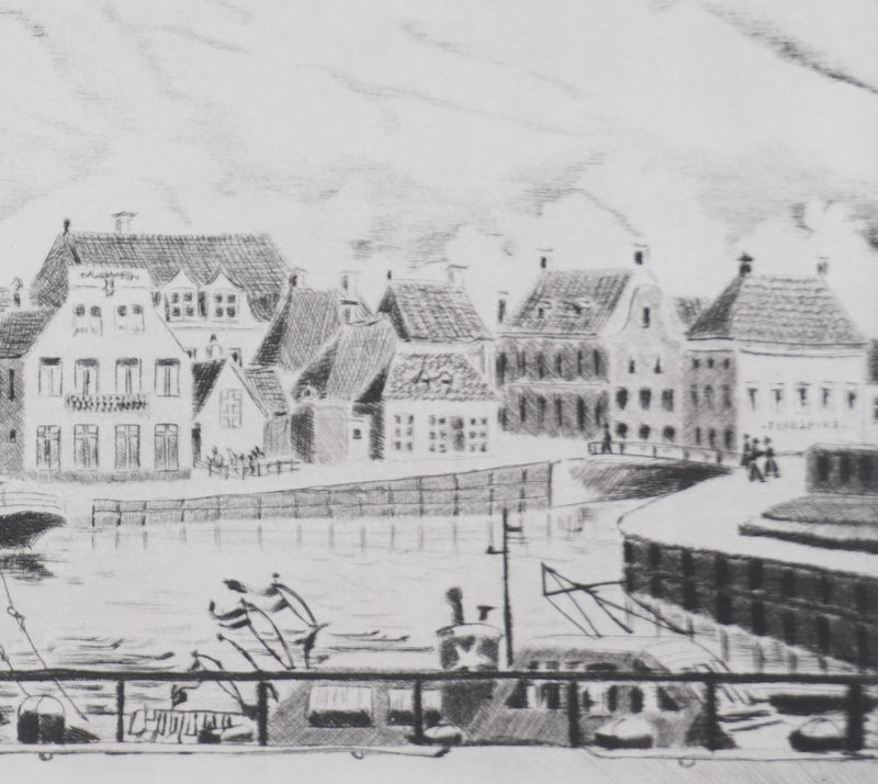 Camille COMBE : Le Zuiderhaven à Harlingen, Gravure originale signée