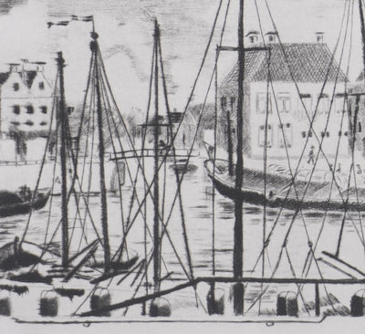 Camille COMBE : Le Zuiderhaven à Harlingen, Gravure originale signée