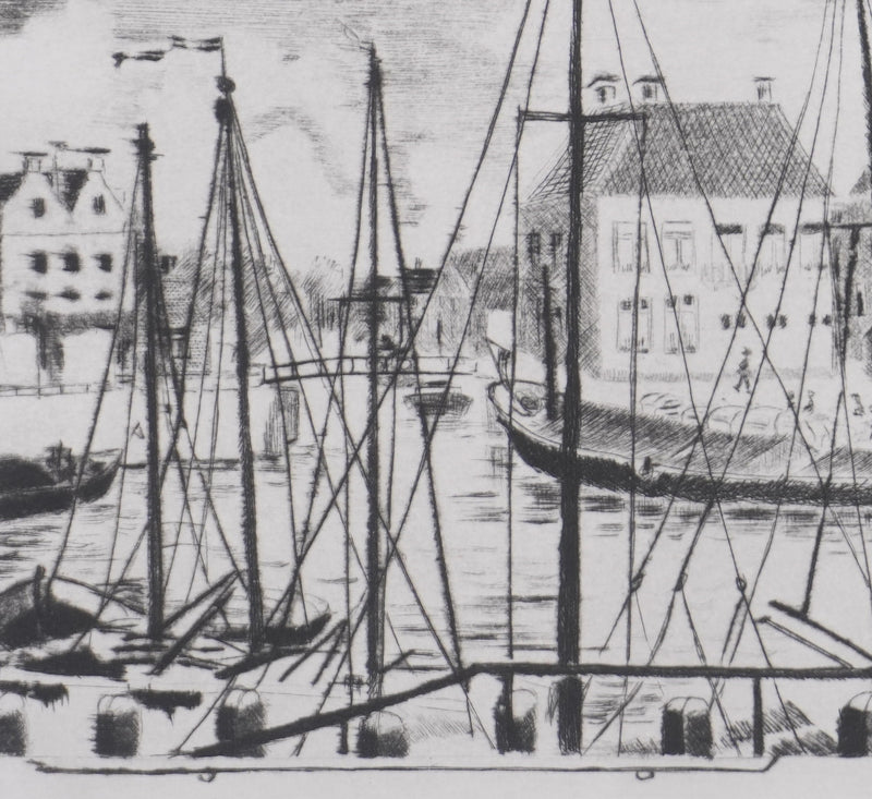 Camille COMBE : Le Zuiderhaven à Harlingen, Gravure originale signée