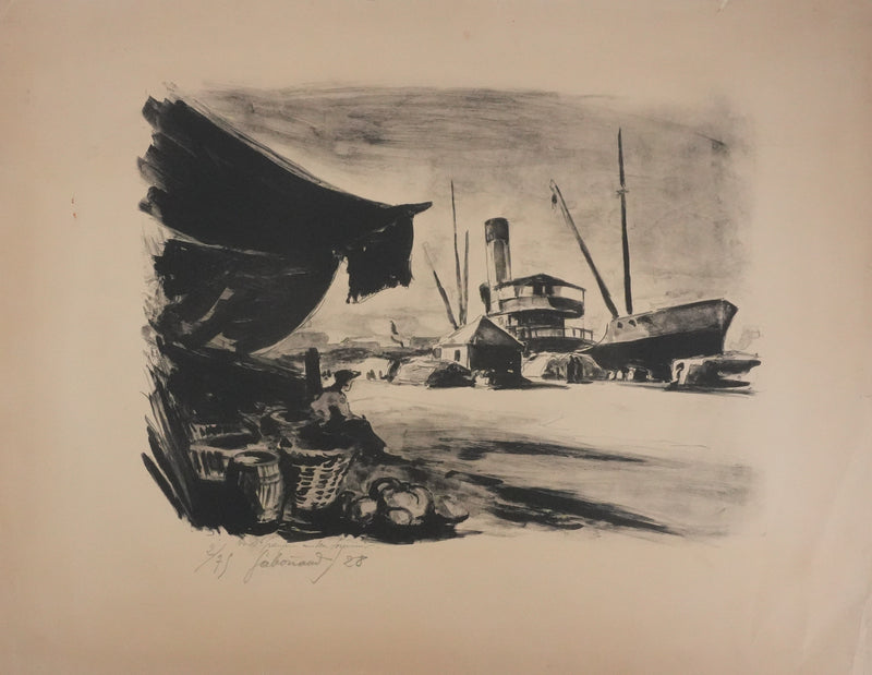 Josué GABORIAUD : Les docks, Lithographie originale signée
