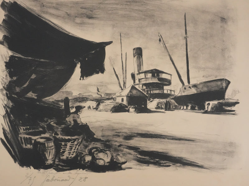 Josué GABORIAUD : Les docks, Lithographie originale signée