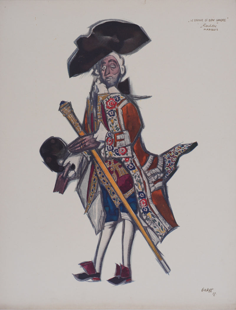 Léon BAKST : Marquis,  Costume pour un théâtre, Lithographie signée