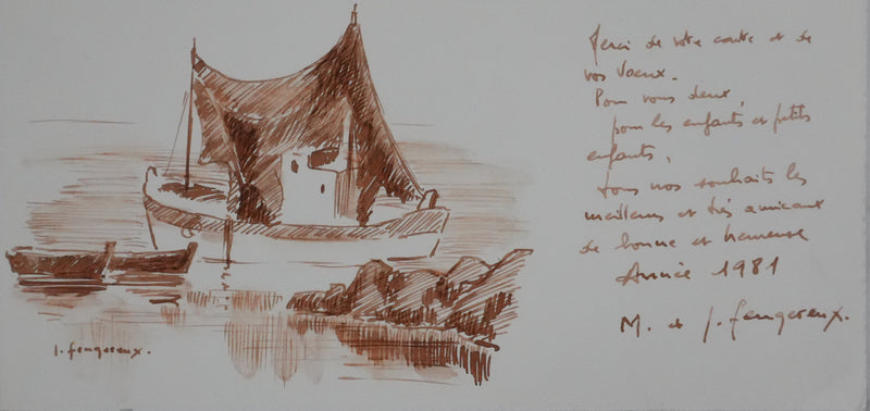 Jean FEUGEREUX : Le petit bateau de pêche, Dessin original signé