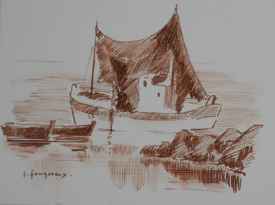 Jean FEUGEREUX : Le petit bateau de pêche, Dessin original signé