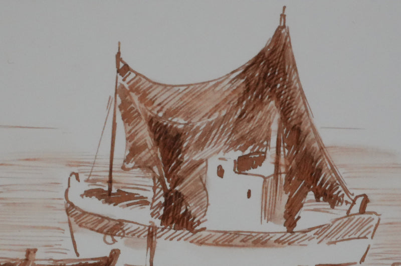 Jean FEUGEREUX : Le petit bateau de pêche, Dessin original signé
