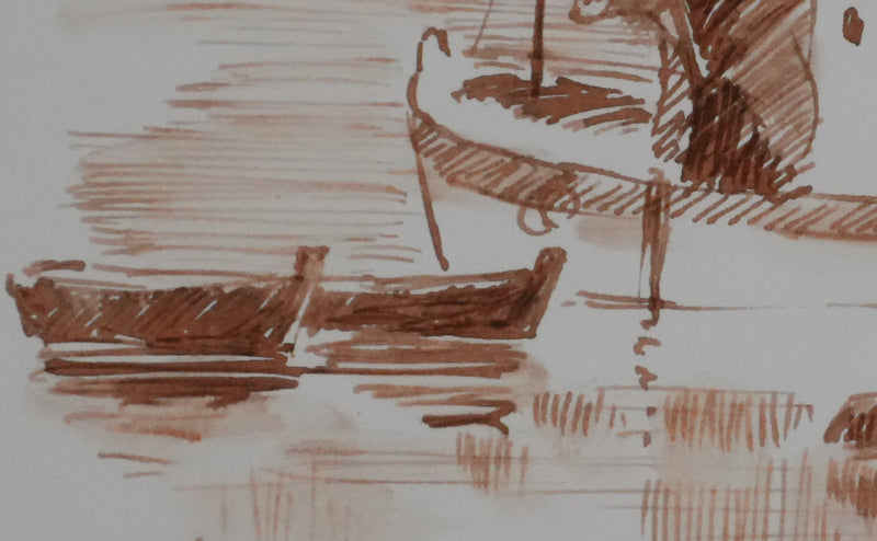 Jean FEUGEREUX : Le petit bateau de pêche, Dessin original signé