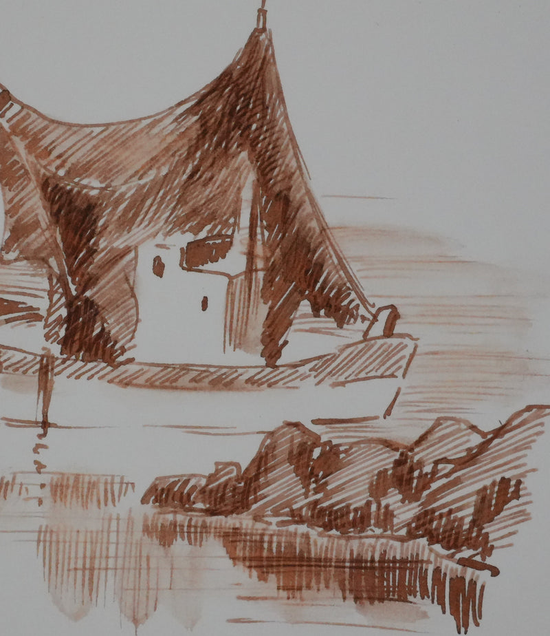 Jean FEUGEREUX : Le petit bateau de pêche, Dessin original signé