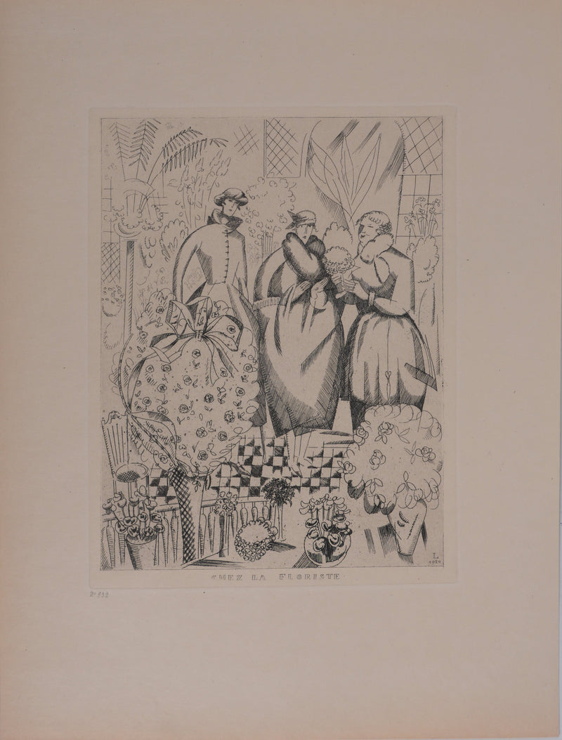 Jean-Émile LABOUREUR : Chez la floriste, Gravure originale signée