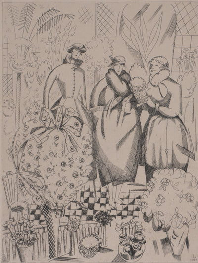 Jean-Émile LABOUREUR : Chez la floriste, Gravure originale signée