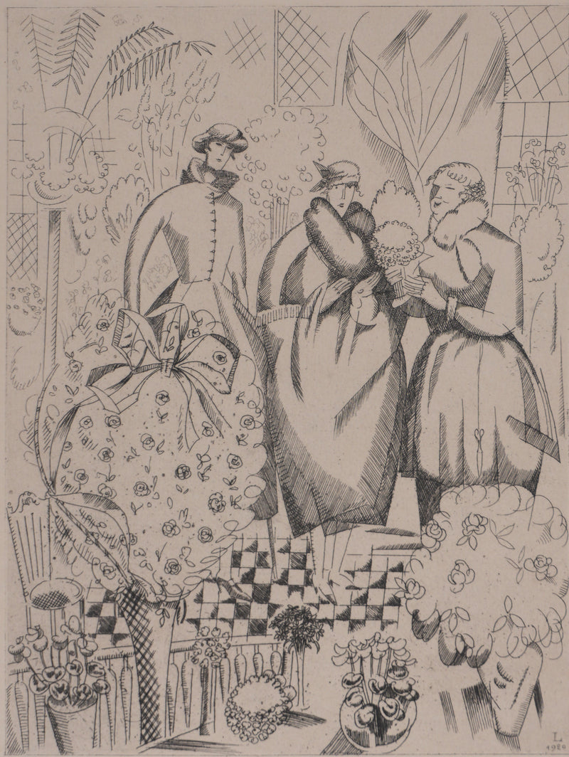 Jean-Émile LABOUREUR : Chez la floriste, Gravure originale signée