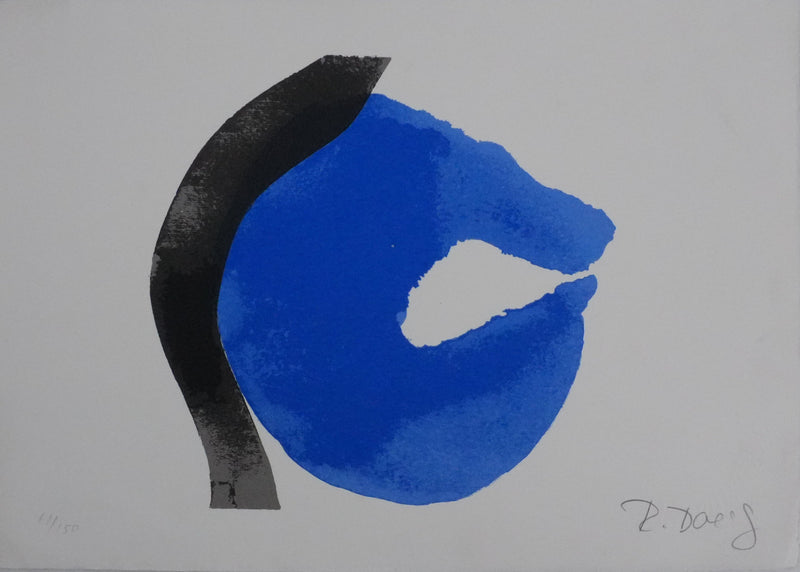 Roswita DOERIG : Formes abstraites noires et bleues, Sérigraphie originale signée