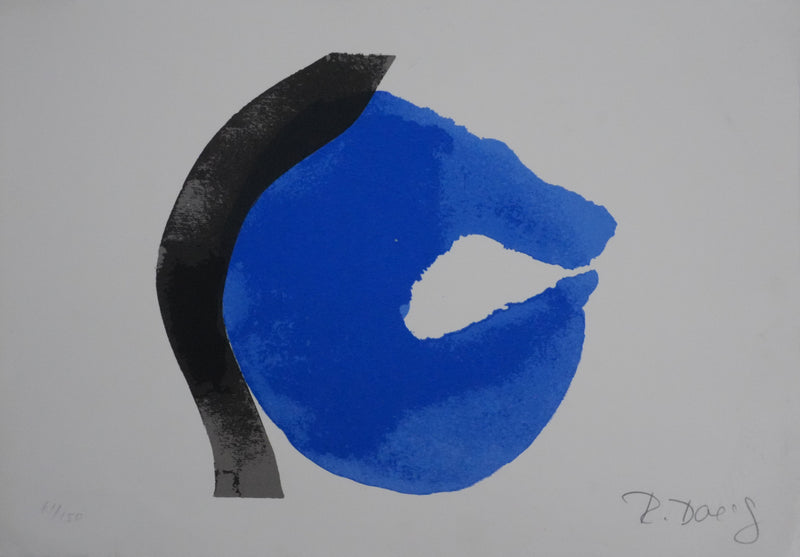 Roswita DOERIG : Formes abstraites noires et bleues, Sérigraphie originale signée