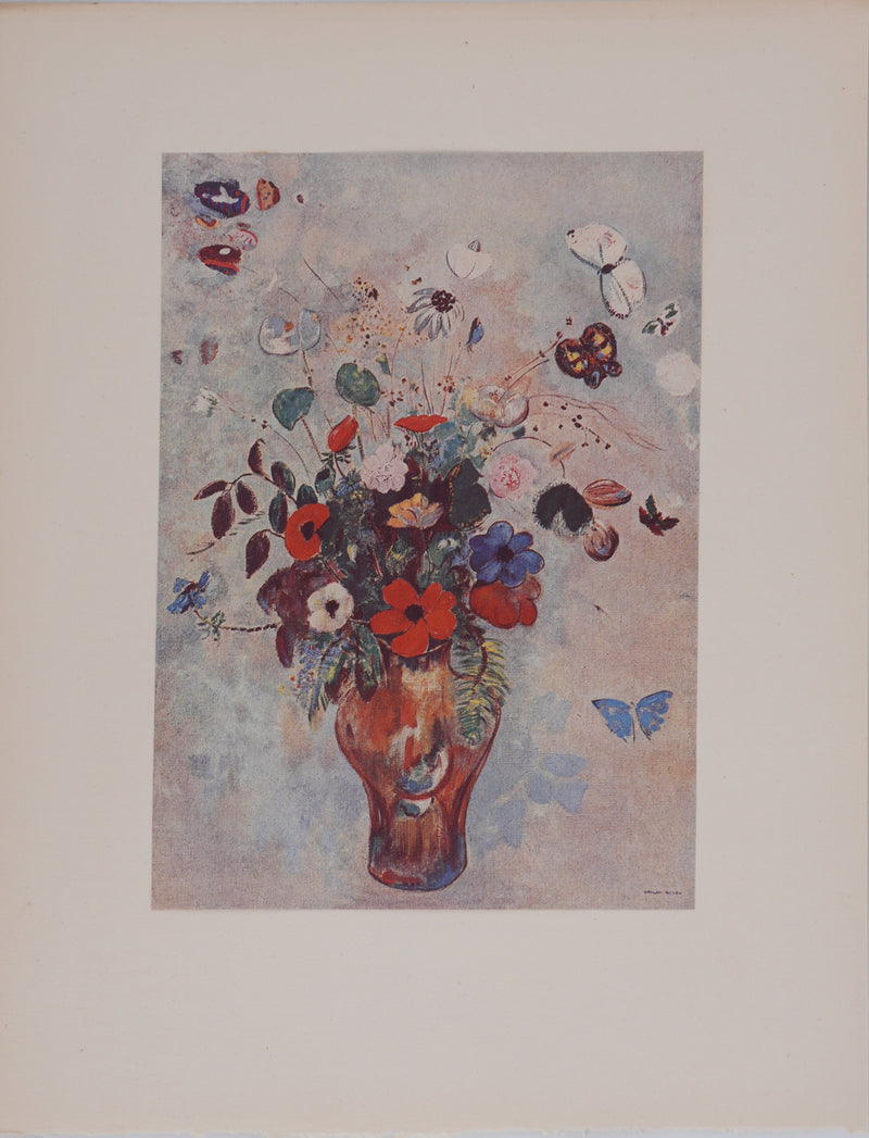 Odilon REDON : Fleurs et papillon, Héliogravure signée