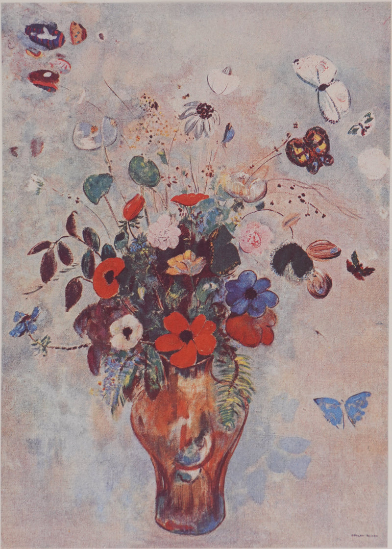 Odilon REDON : Fleurs et papillon, Héliogravure signée